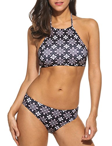 black white print high neck top | Modest two-piece swimsuits