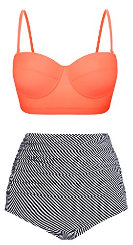 coral black and white stripe modest swimsuit | Modest two-piece swimsuits